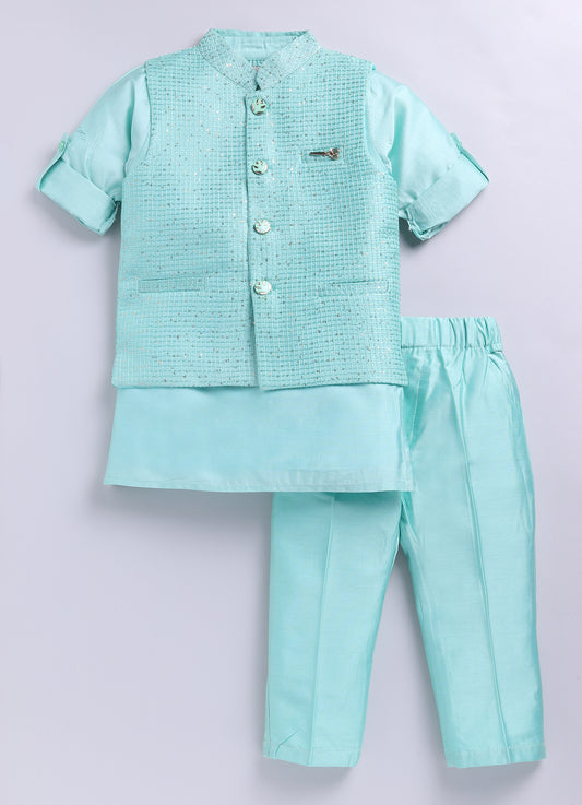 Boys Woven Embellished Jacket, Kurta and Pajama with Brooch Wedding Wear Ethnic Set- Green