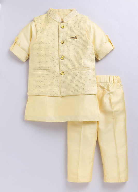 Boys Woven Embellished Jacket, Kurta and Pajama with Brooch Wedding Wear Ethnic Set- Yellow
