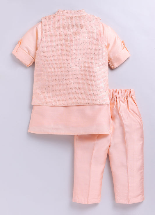 Boys Woven Embellished Jacket, Kurta and Pajama with Brooch Wedding Wear Ethnic Set- Peach