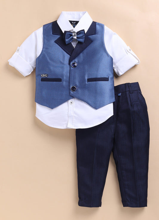Little Collars Terry Rayon Woven Waistcoat Jacket Pant & Full Sleeves Shirt with & Bow Formal Partywear Jacket Set- Blue