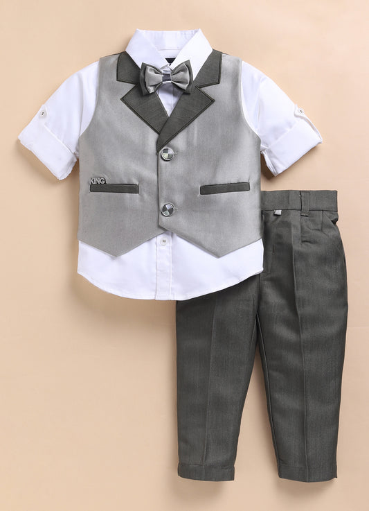 Little Collars Terry Rayon Woven Waistcoat Jacket Pant & Full Sleeves Shirt with & Bow Formal Partywear Jacket Set- Green