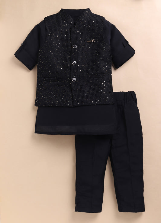 Boys Woven Embellished Jacket, Kurta and Pajama with Brooch Wedding Wear Ethnic Set- Black