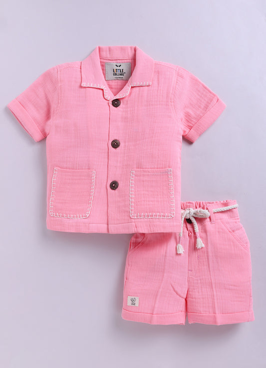 Pure Organic Muslin Cotton Solid Half Sleeves Shirt Half Pant Coord Set with Hand Embroidered Details- Pink