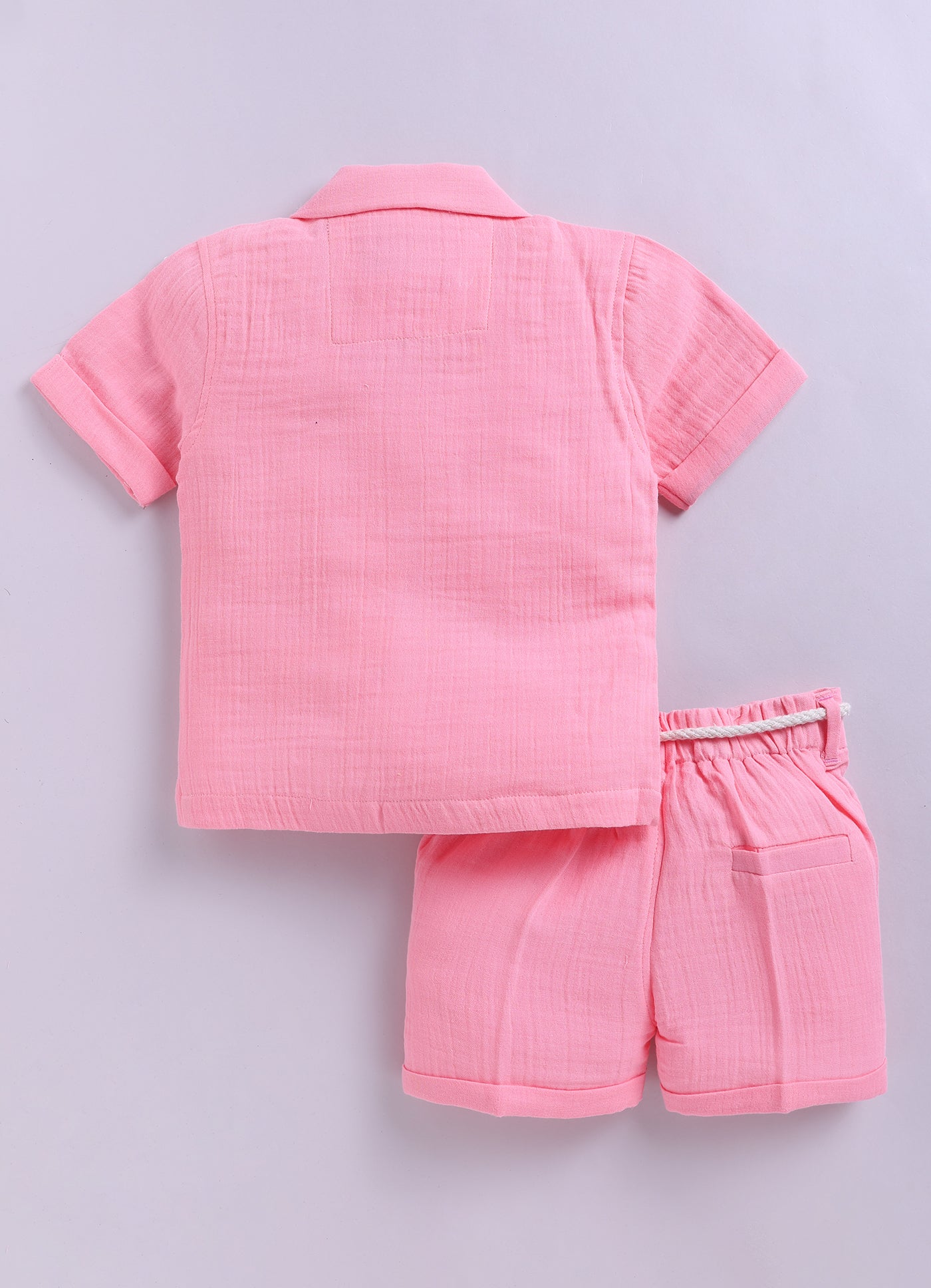Pure Organic Muslin Cotton Solid Half Sleeves Shirt Half Pant Coord Set with Hand Embroidered Details- Pink