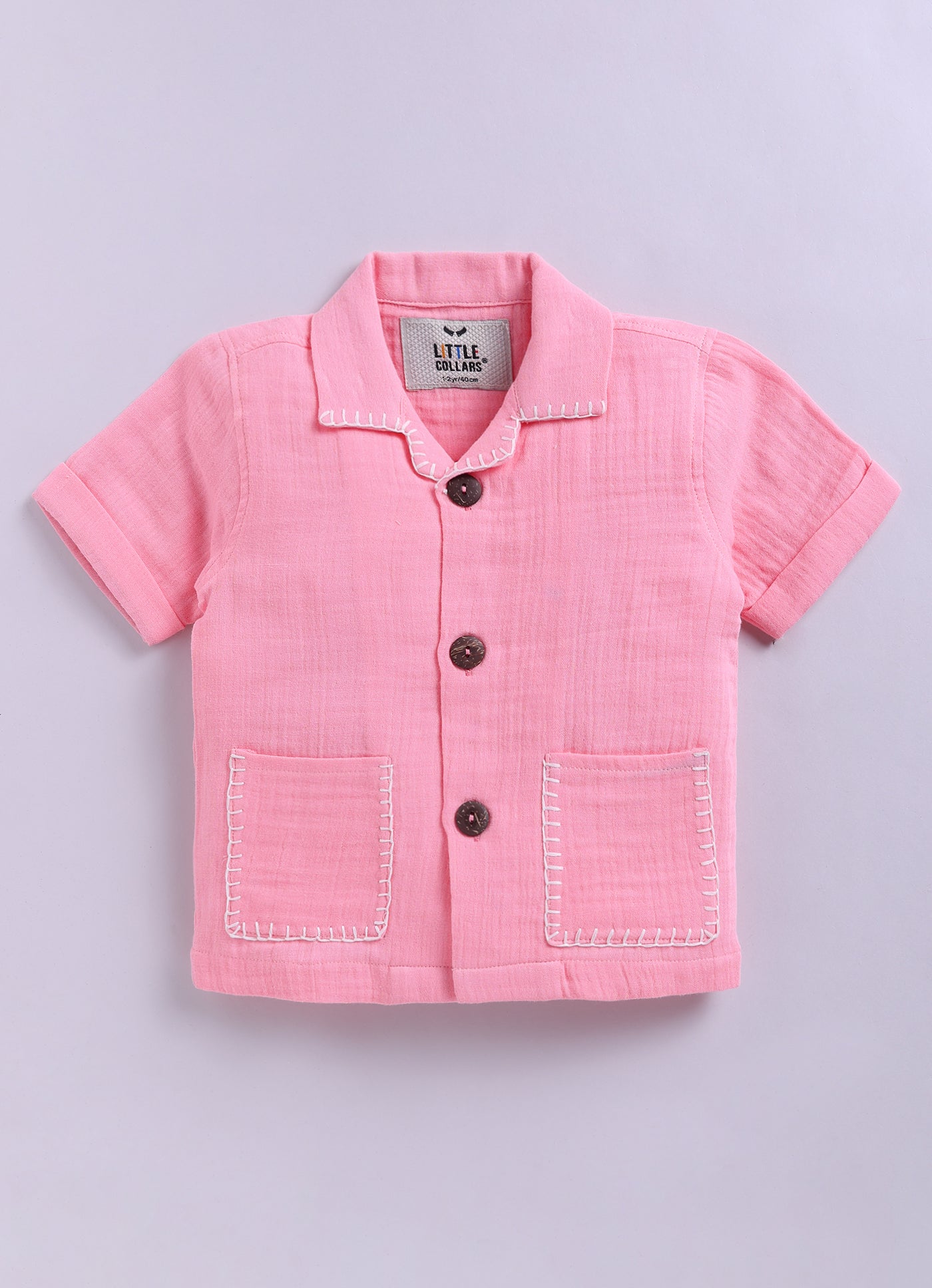 Pure Organic Muslin Cotton Solid Half Sleeves Shirt Half Pant Coord Set with Hand Embroidered Details- Pink