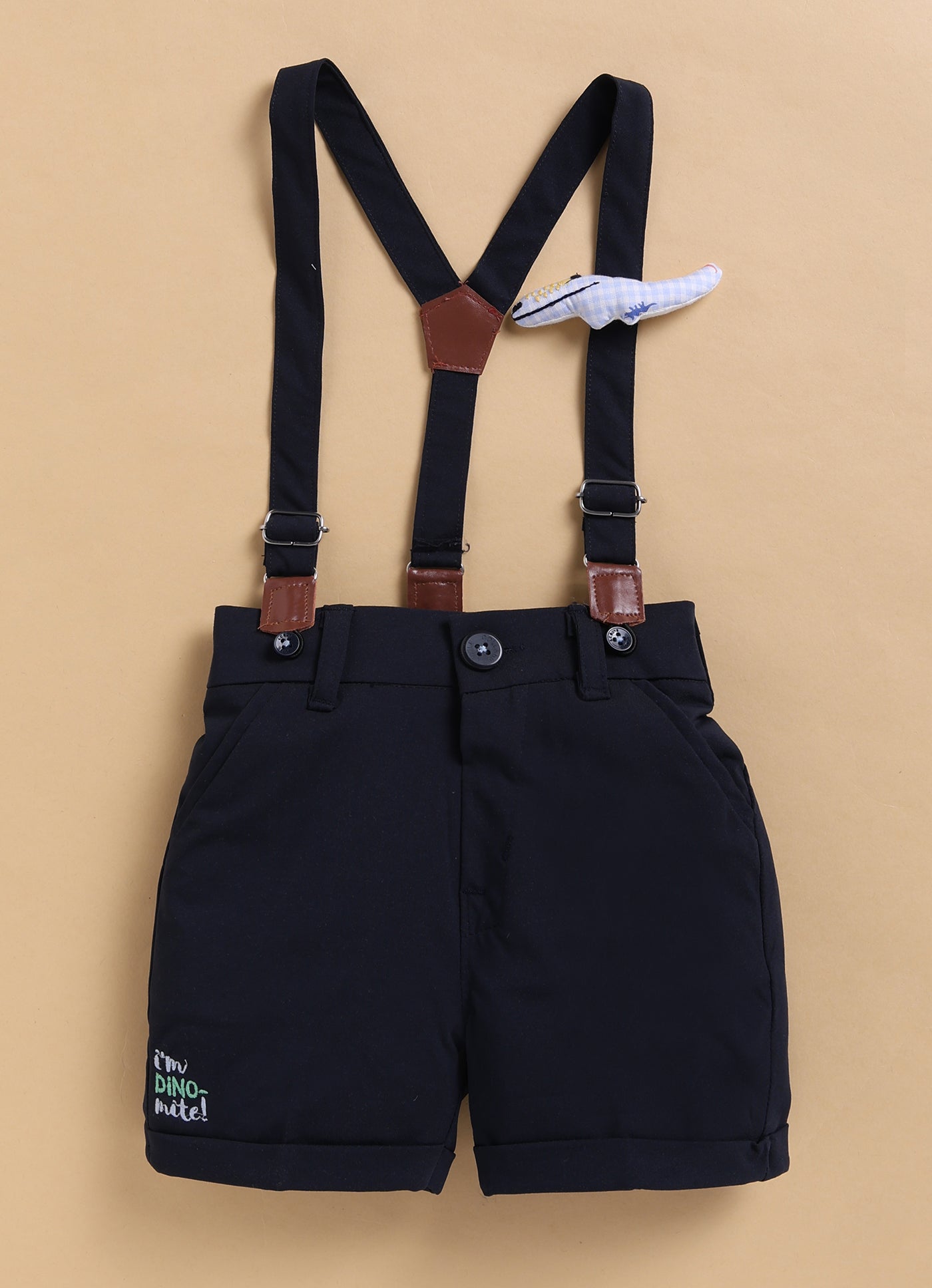 Dinosaur Print Cotton Half Sleeves Shirt Pant Suspender Set with Bow and Cute Fluff Pin -Blue