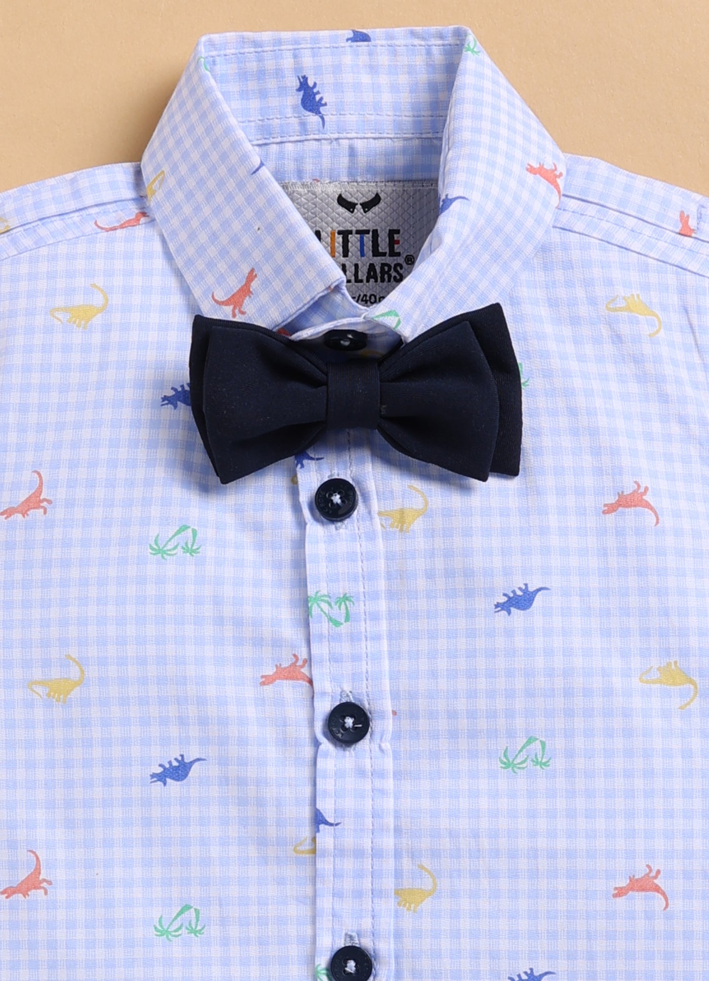 Dinosaur Print Cotton Half Sleeves Shirt Pant Suspender Set with Bow and Cute Fluff Pin -Blue