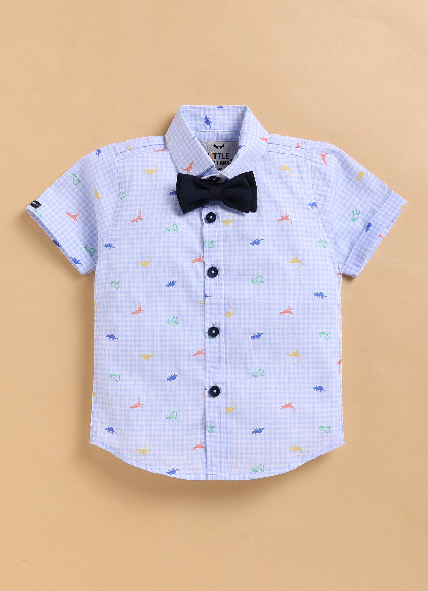Dinosaur Print Cotton Half Sleeves Shirt Pant Suspender Set with Bow and Cute Fluff Pin -Blue