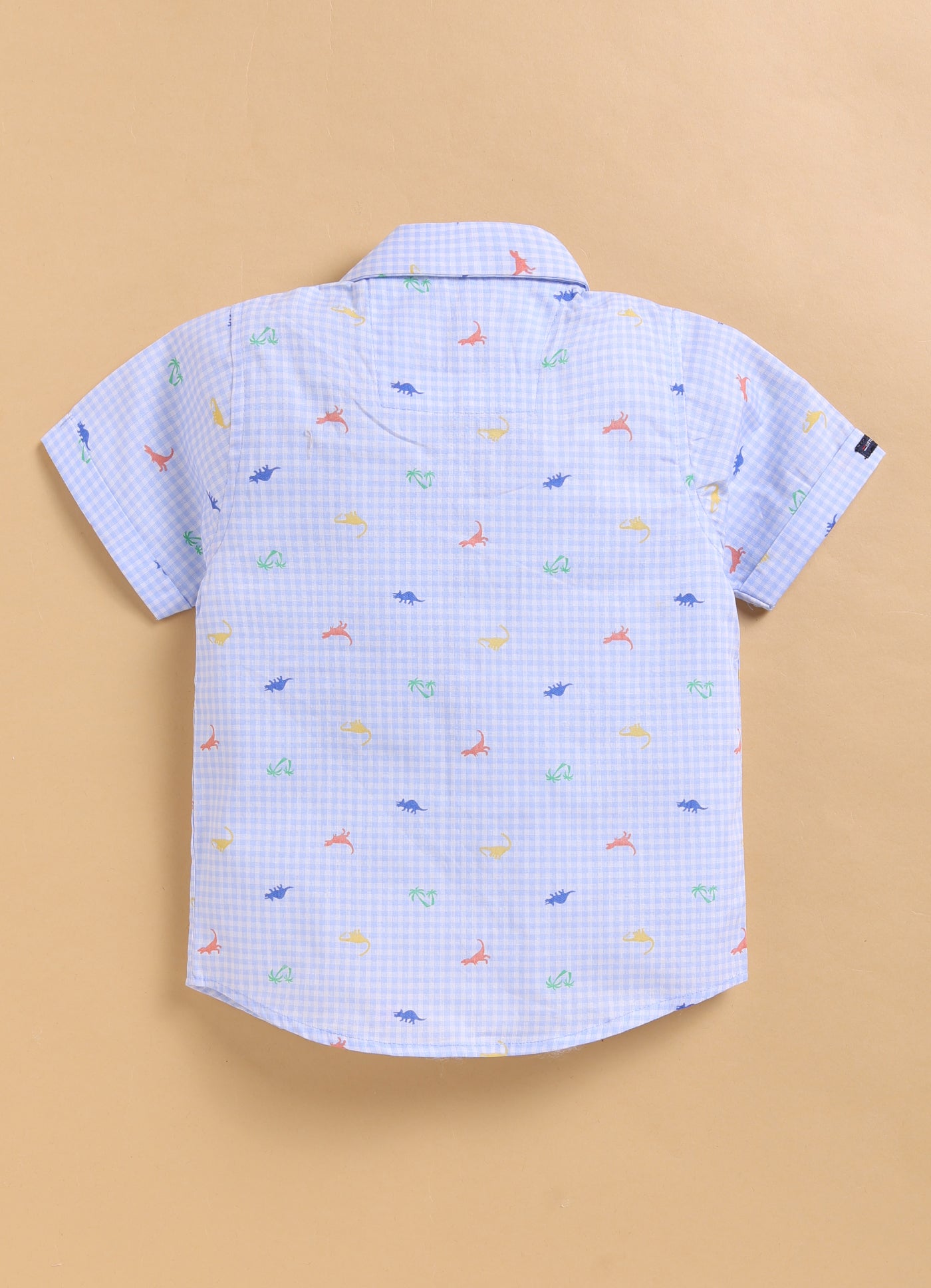 Dinosaur Print Cotton Half Sleeves Shirt Pant Suspender Set with Bow and Cute Fluff Pin -Blue