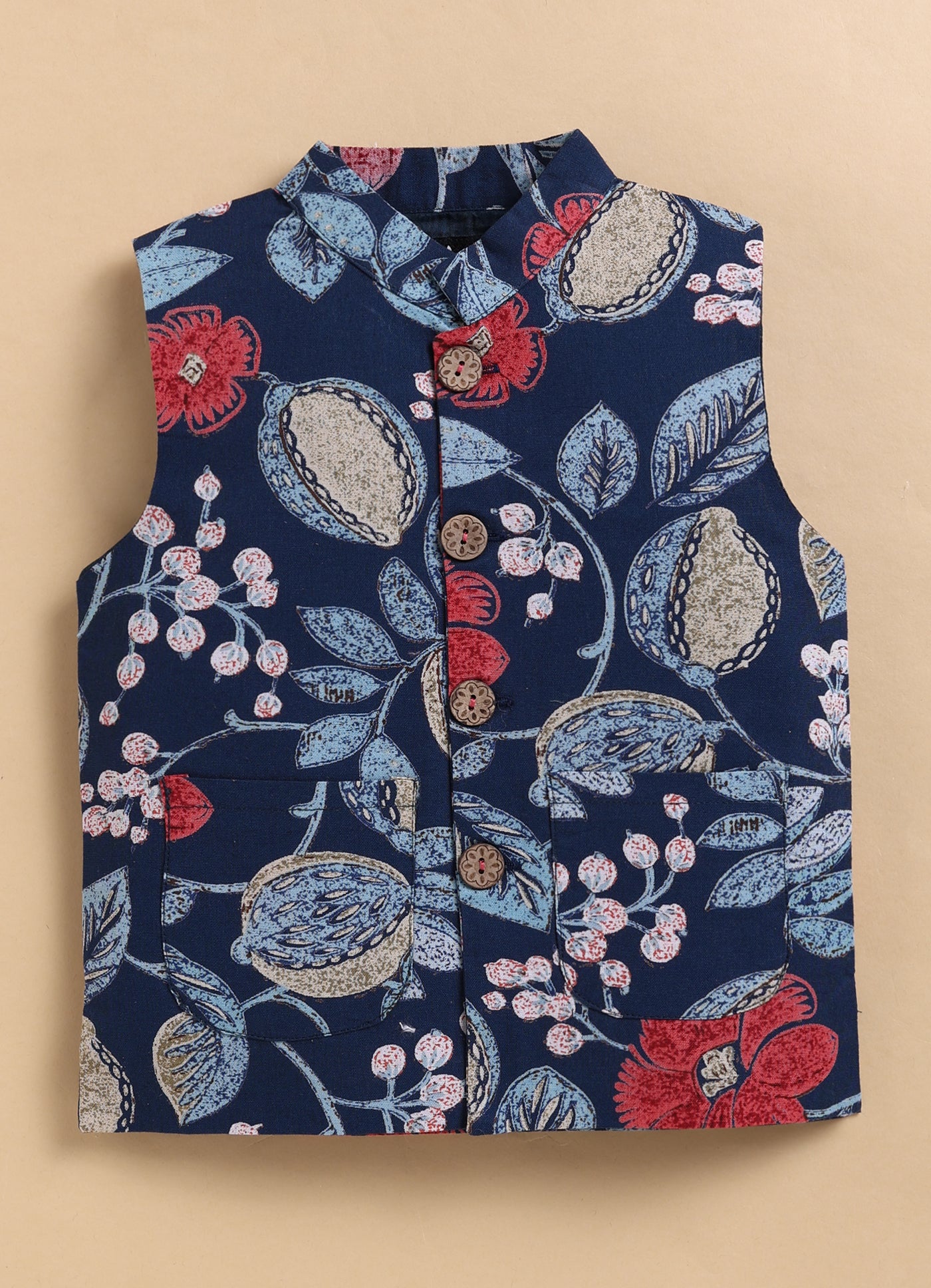 Organic Cotton Woven Full Sleeves Floral Printed Ethnic Jacket Kurta Pajama Set - Blue