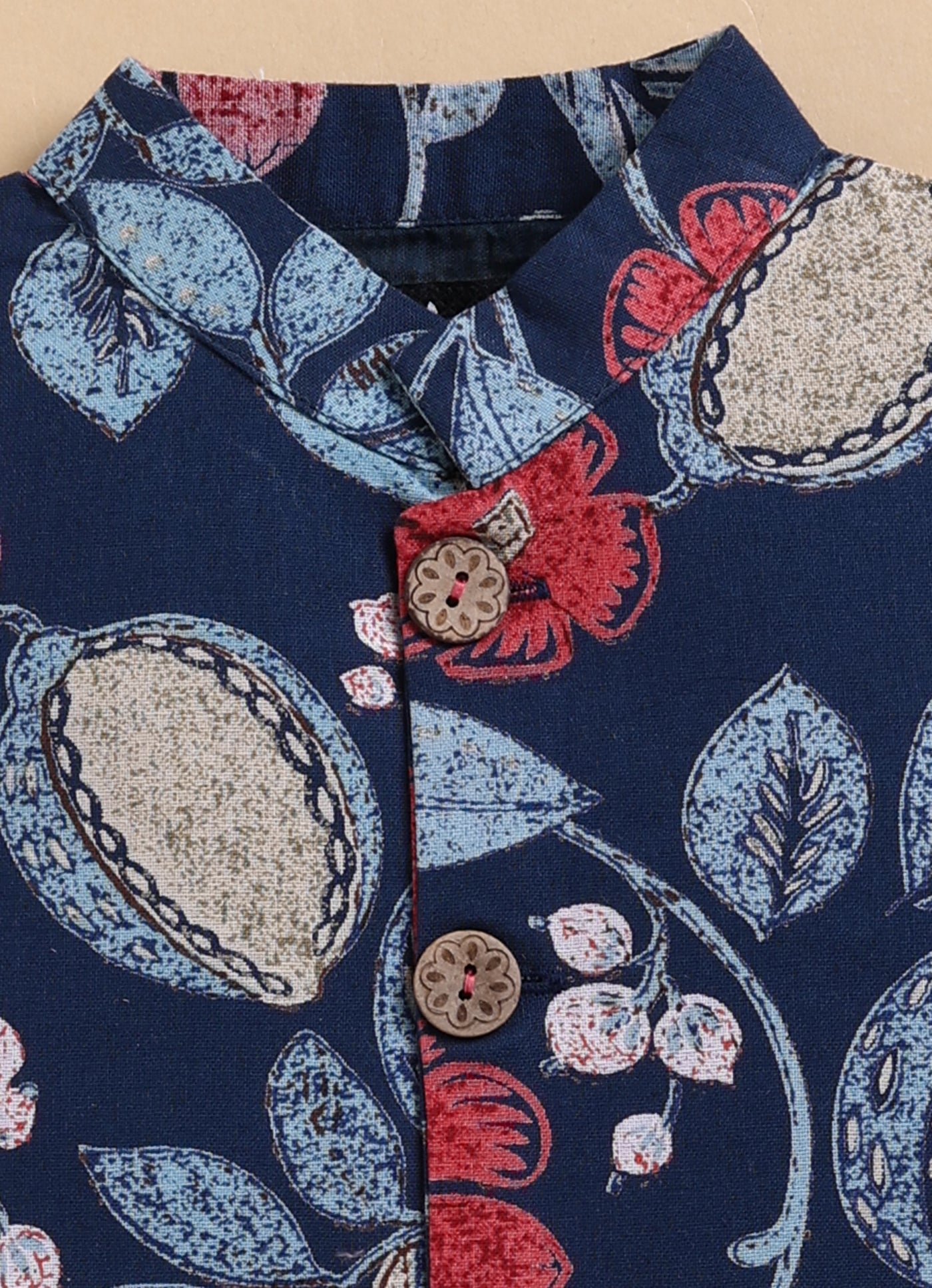 Organic Cotton Woven Full Sleeves Floral Printed Ethnic Jacket Kurta Pajama Set - Blue