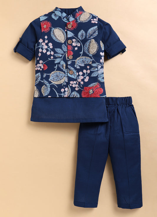 Organic Cotton Woven Full Sleeves Floral Printed Ethnic Jacket Kurta Pajama Set - Blue