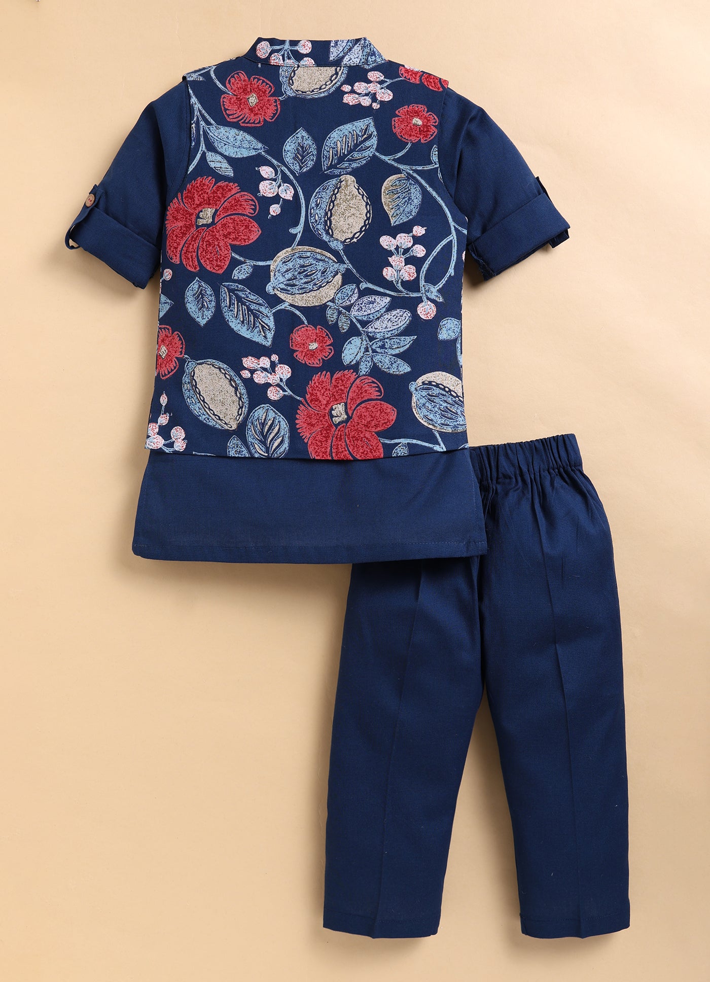 Organic Cotton Woven Full Sleeves Floral Printed Ethnic Jacket Kurta Pajama Set - Blue