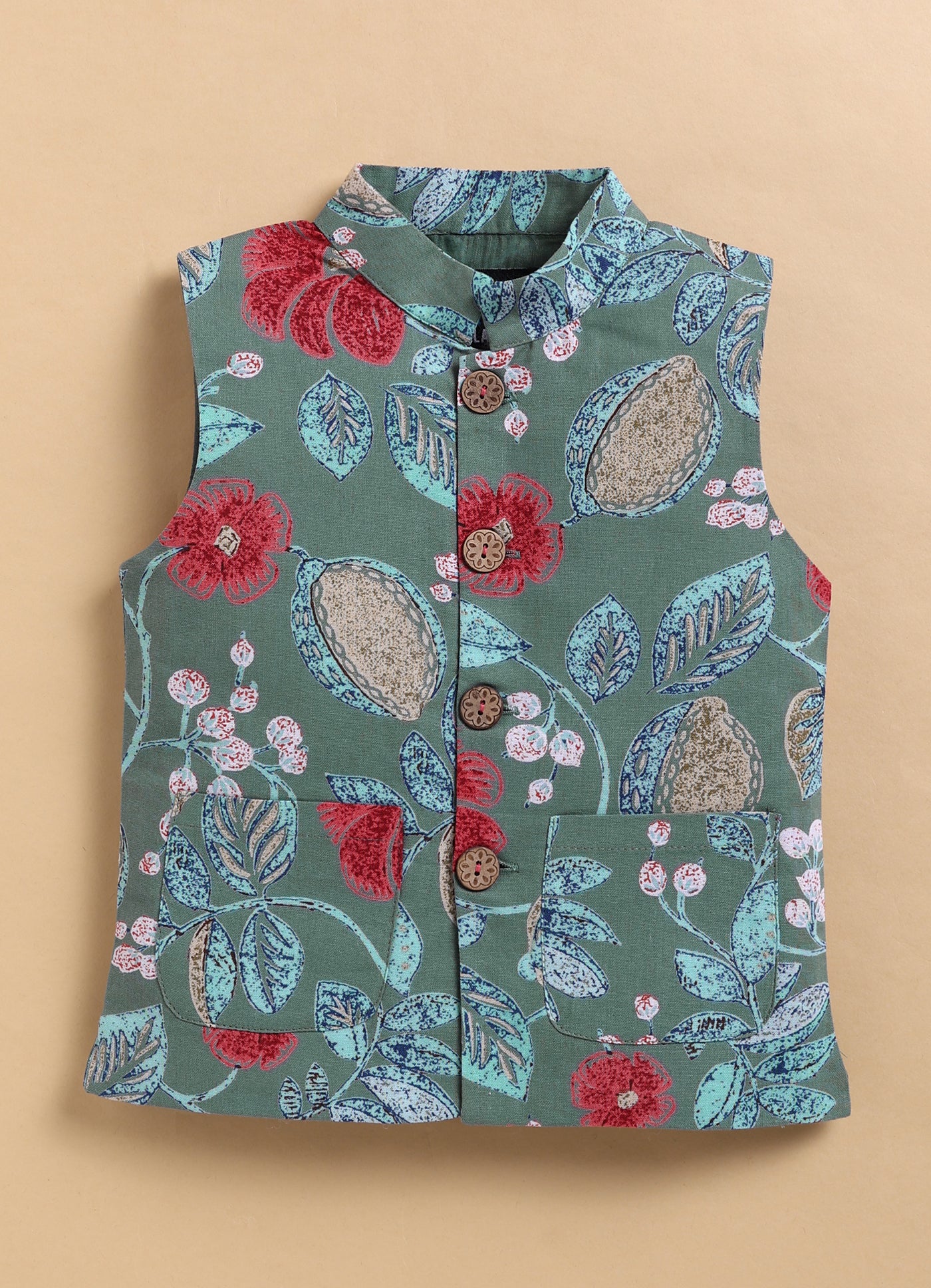 Organic Cotton Woven Full Sleeves Floral Printed Ethnic Jacket Kurta Pajama Set - Green