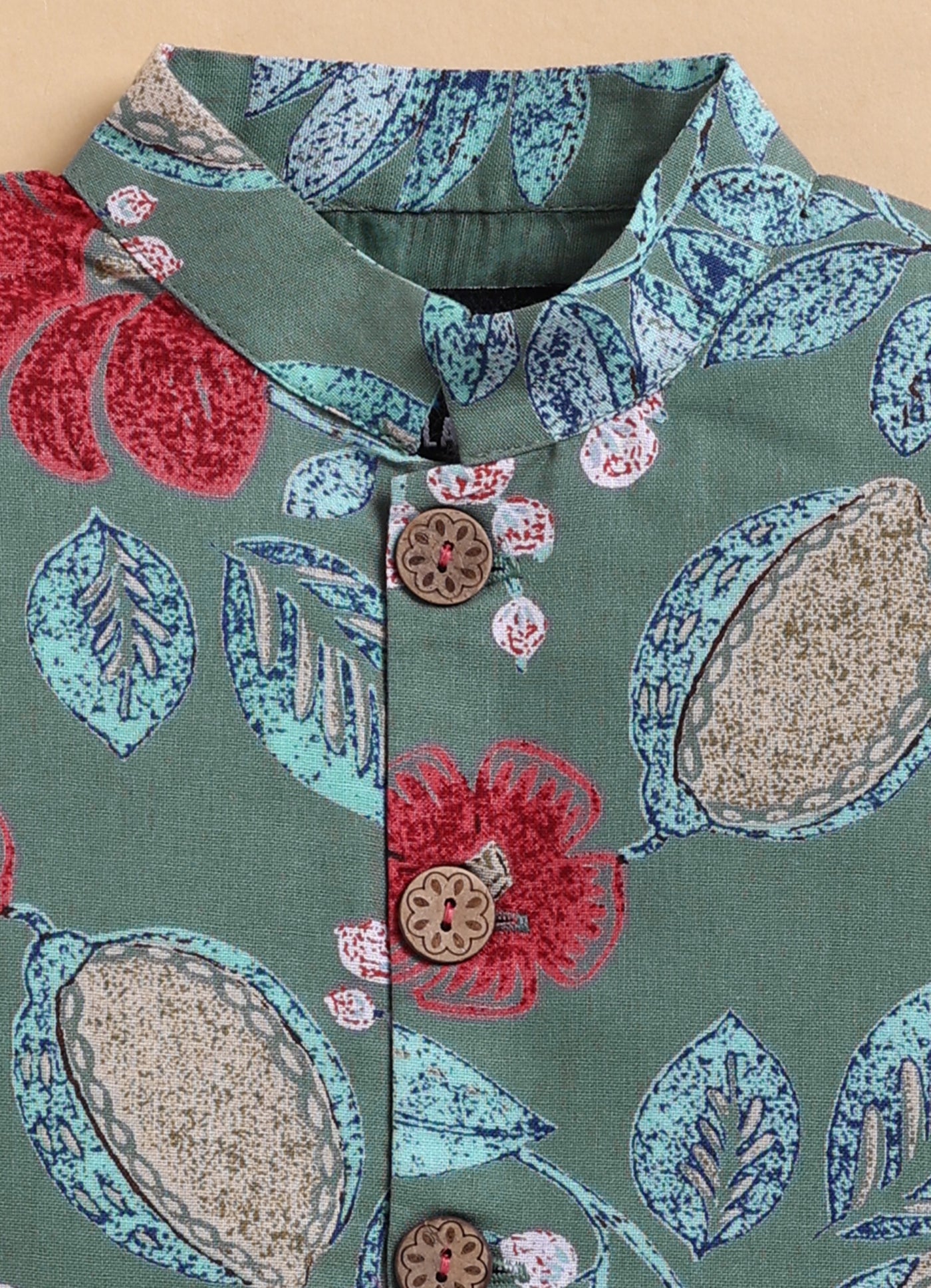 Organic Cotton Woven Full Sleeves Floral Printed Ethnic Jacket Kurta Pajama Set - Green