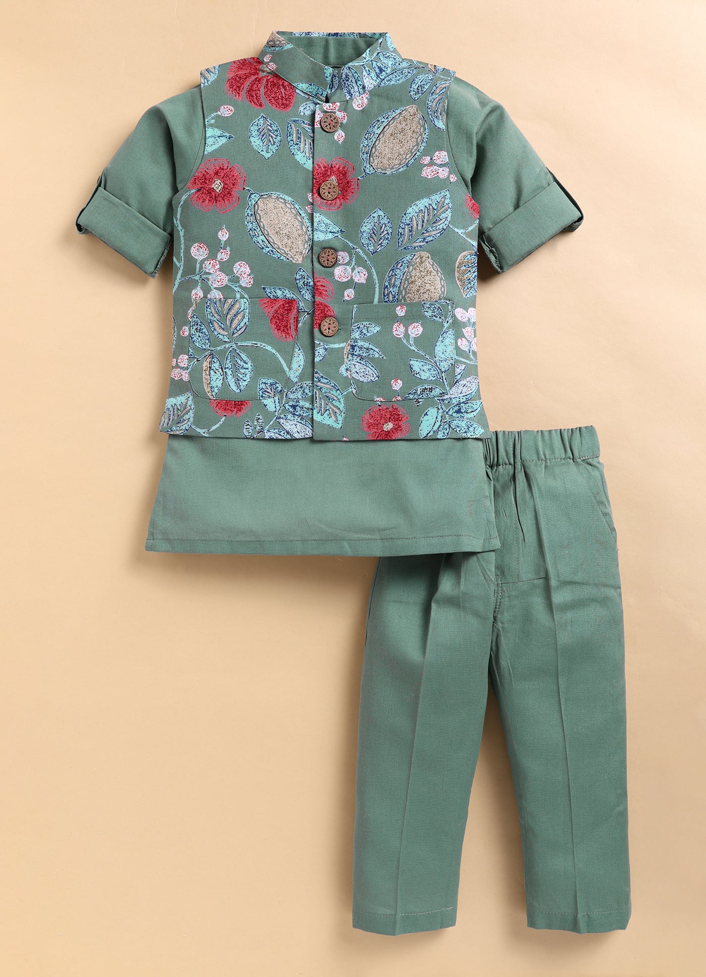 Organic Cotton Woven Full Sleeves Floral Printed Ethnic Jacket Kurta Pajama Set - Green