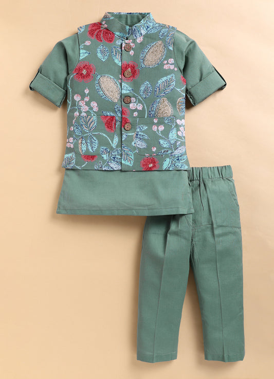 Organic Cotton Woven Full Sleeves Floral Printed Ethnic Jacket Kurta Pajama Set - Green