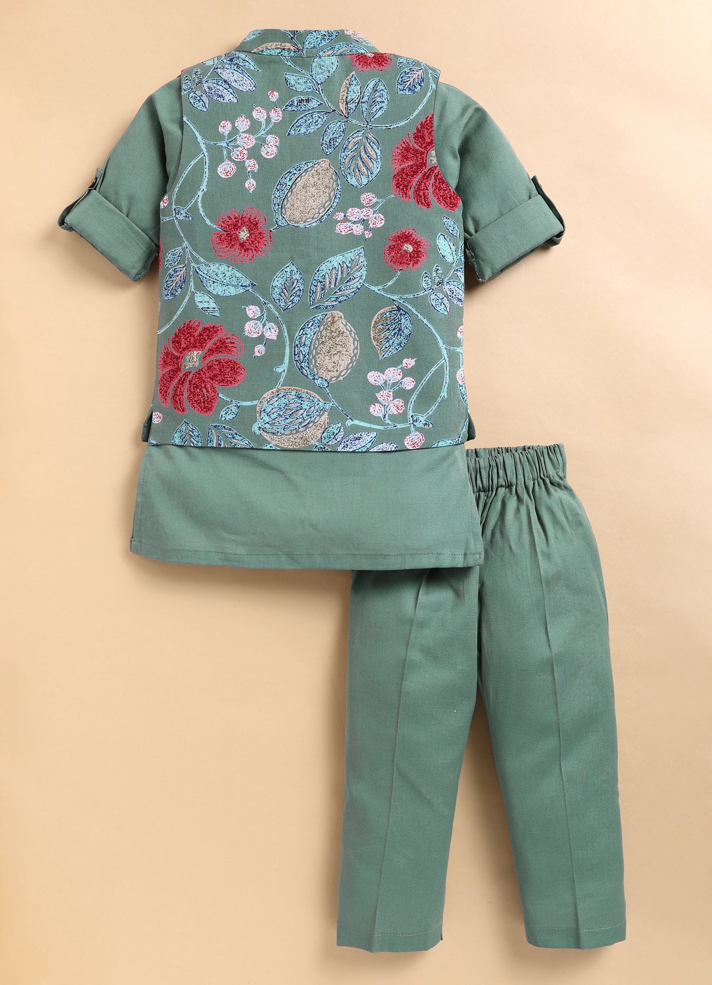 Organic Cotton Woven Full Sleeves Floral Printed Ethnic Jacket Kurta Pajama Set - Green