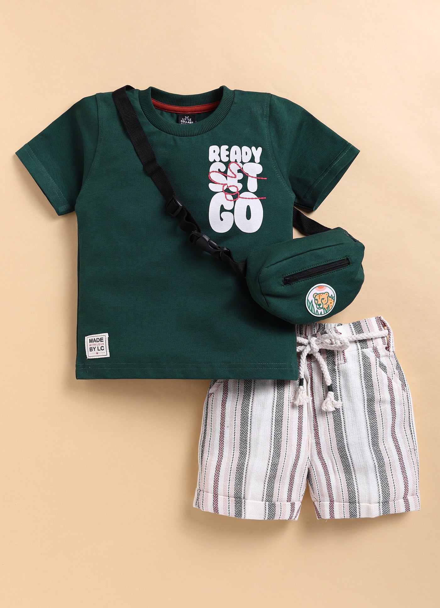 Trendy Cotton Half Sleeves Tshirt Half Pant Co-ord Set with Bag and Belt - OLIVE