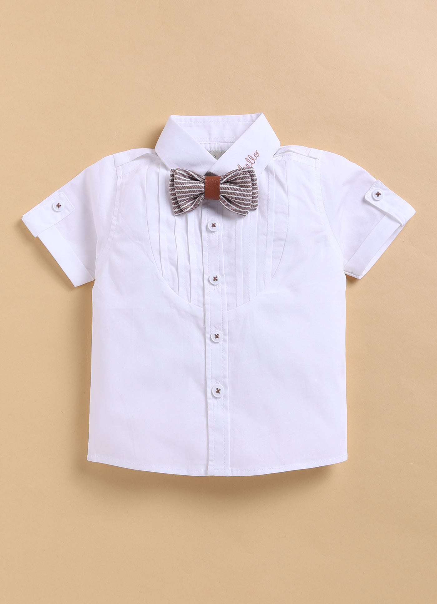 Cotton Half Sleeves Shirt With Coordinating Striped Shorts Suspender & Bow Casual Set- BROWN