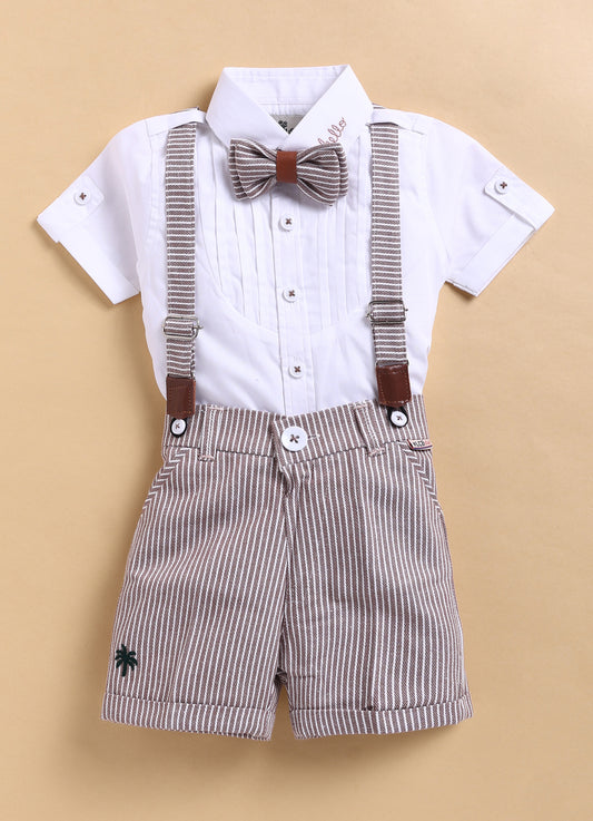 Cotton Half Sleeves Shirt With Coordinating Striped Shorts Suspender & Bow Casual Set- BROWN