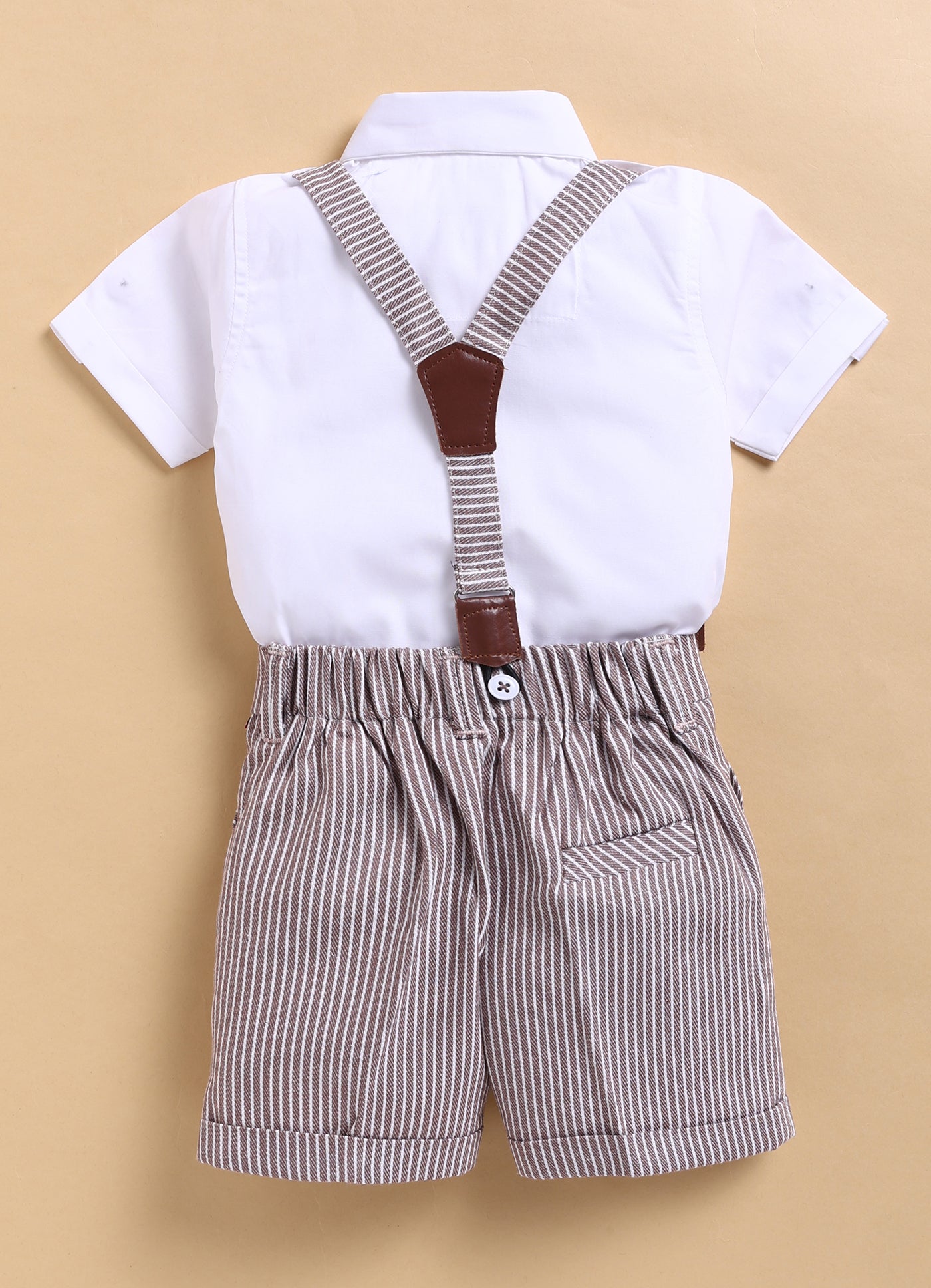 Cotton Half Sleeves Shirt With Coordinating Striped Shorts Suspender & Bow Casual Set- BROWN