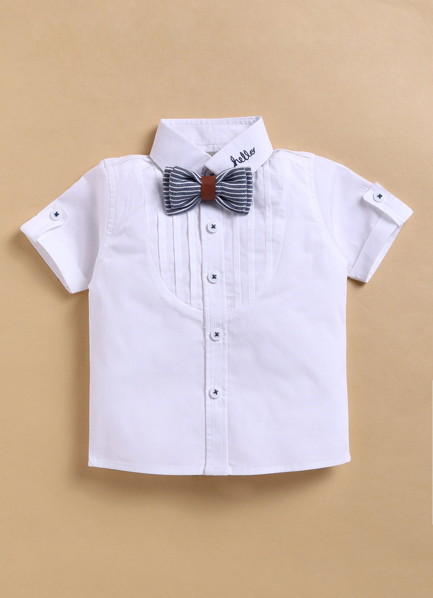 Cotton Half Sleeves Shirt With Coordinating Striped Shorts Suspender & Bow Casual Set- Blue