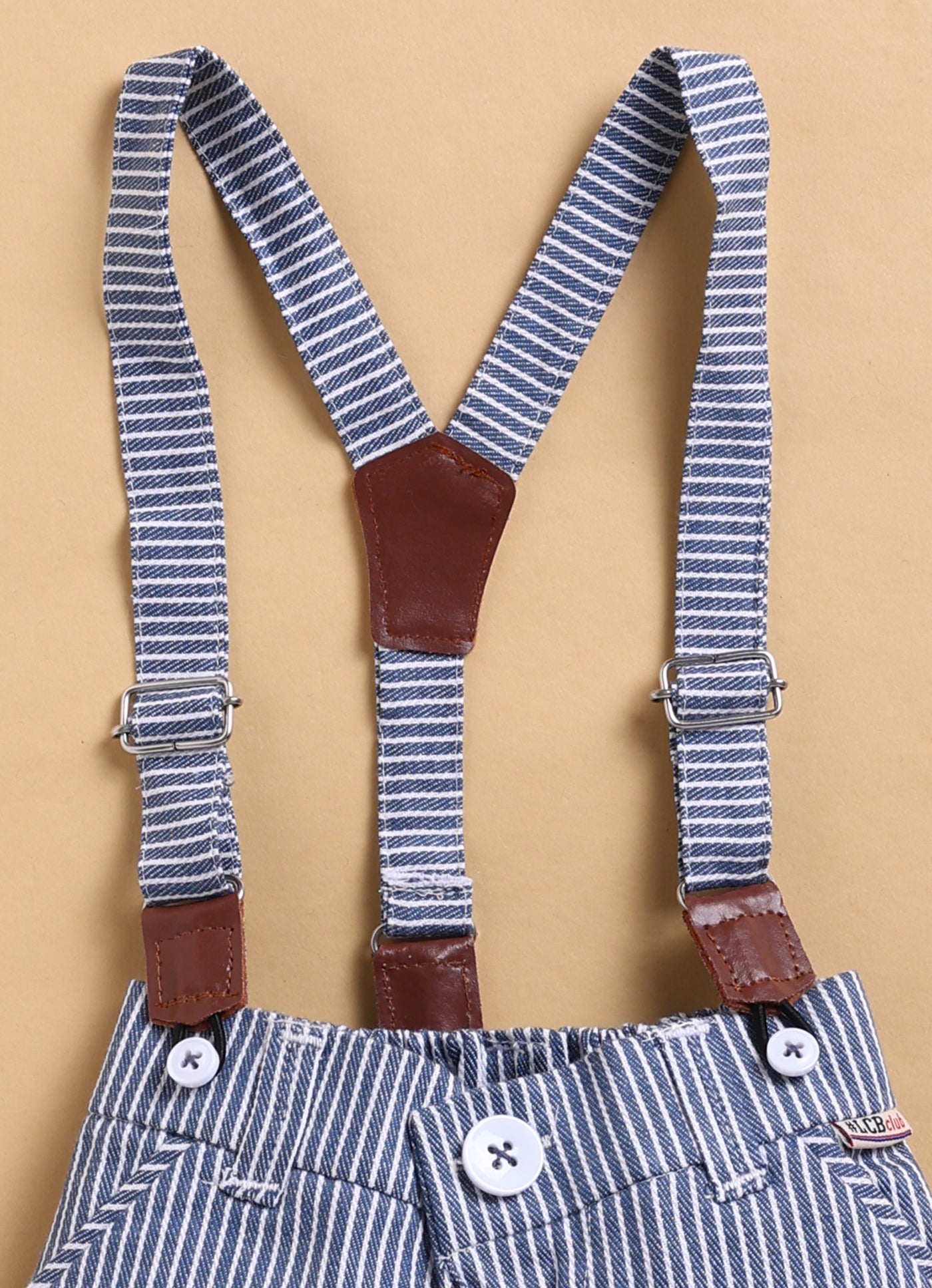 Cotton Half Sleeves Shirt With Coordinating Striped Shorts Suspender & Bow Casual Set- Blue