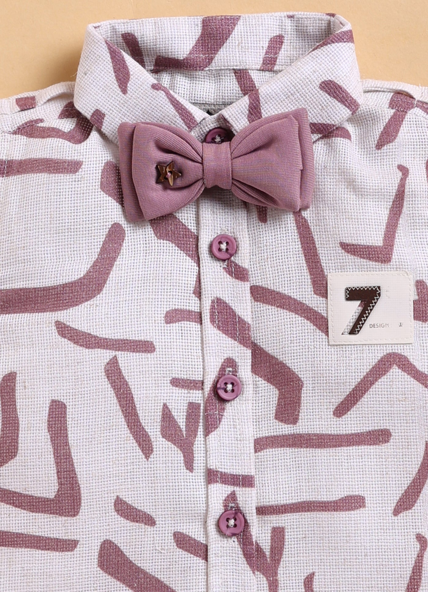 Abstract Printed Cotton Mesh Half Sleeves Shirt Pant Suspender Set with Bow - Lavender