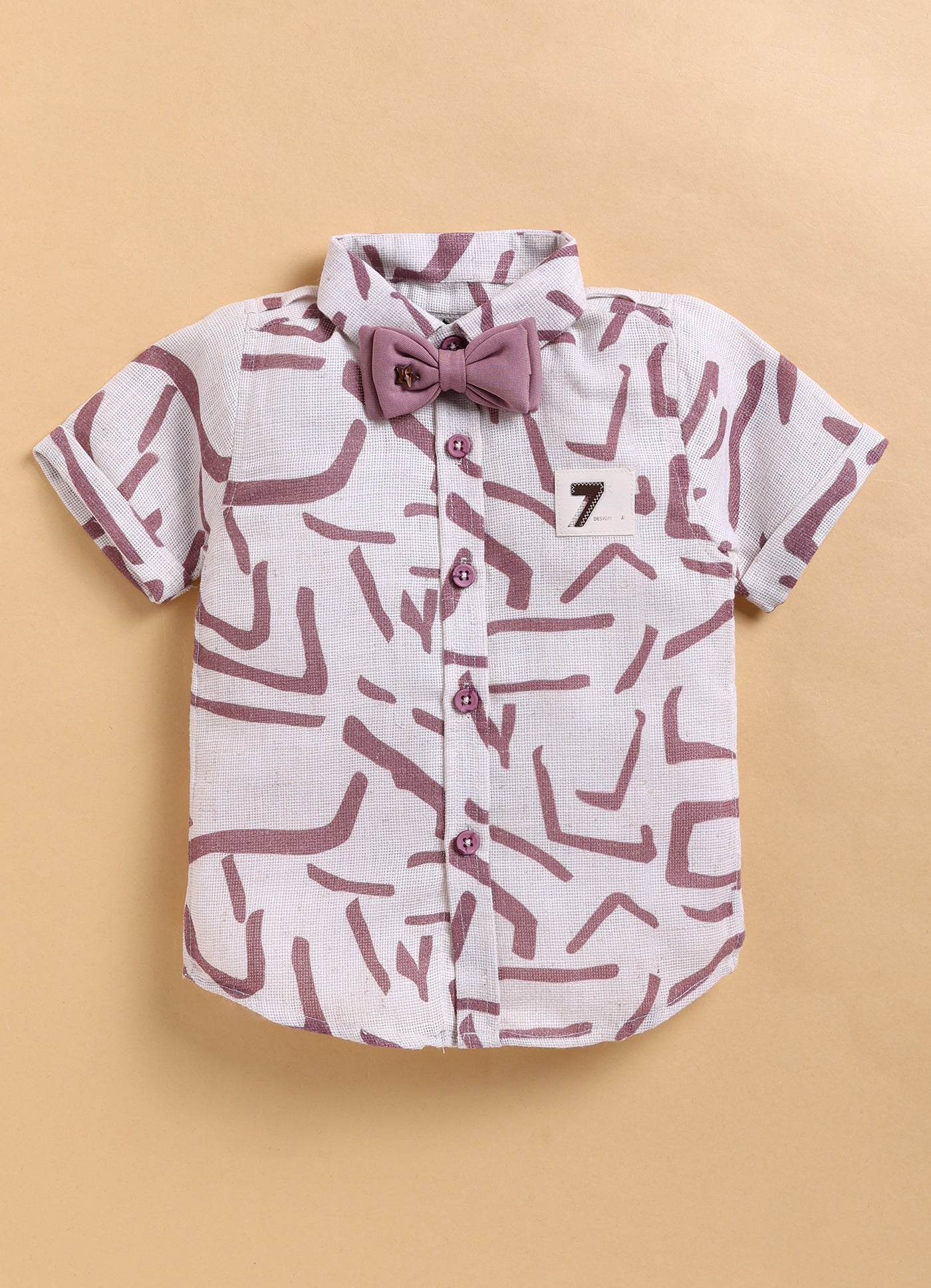 Abstract Printed Cotton Mesh Half Sleeves Shirt Pant Suspender Set with Bow - Lavender