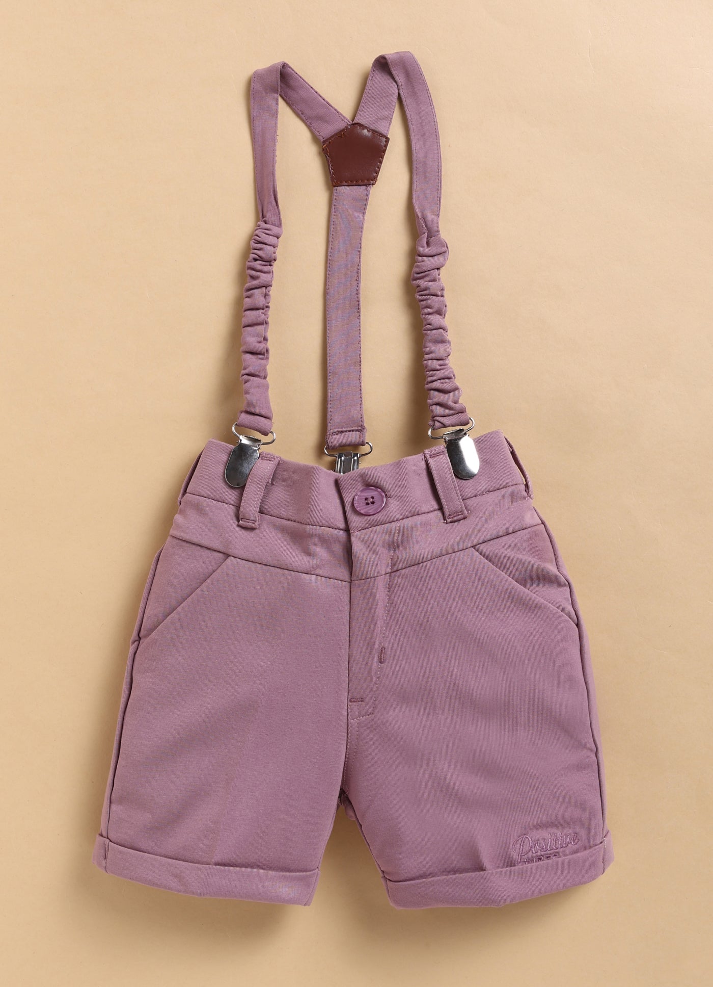 Abstract Printed Cotton Mesh Half Sleeves Shirt Pant Suspender Set with Bow - Lavender