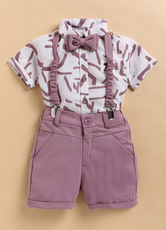 Abstract Printed Cotton Mesh Half Sleeves Shirt Pant Suspender Set with Bow - Lavender