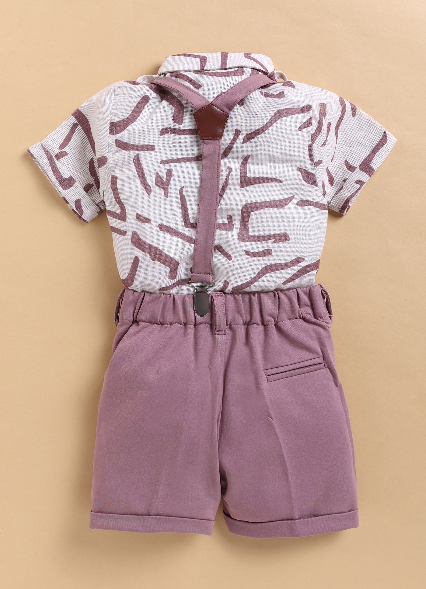 Abstract Printed Cotton Mesh Half Sleeves Shirt Pant Suspender Set with Bow - Lavender