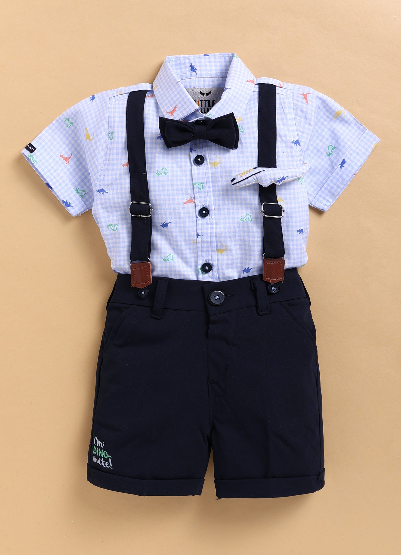 Dinosaur Print Cotton Half Sleeves Shirt Pant Suspender Set with Bow and Cute Fluff Pin -Blue