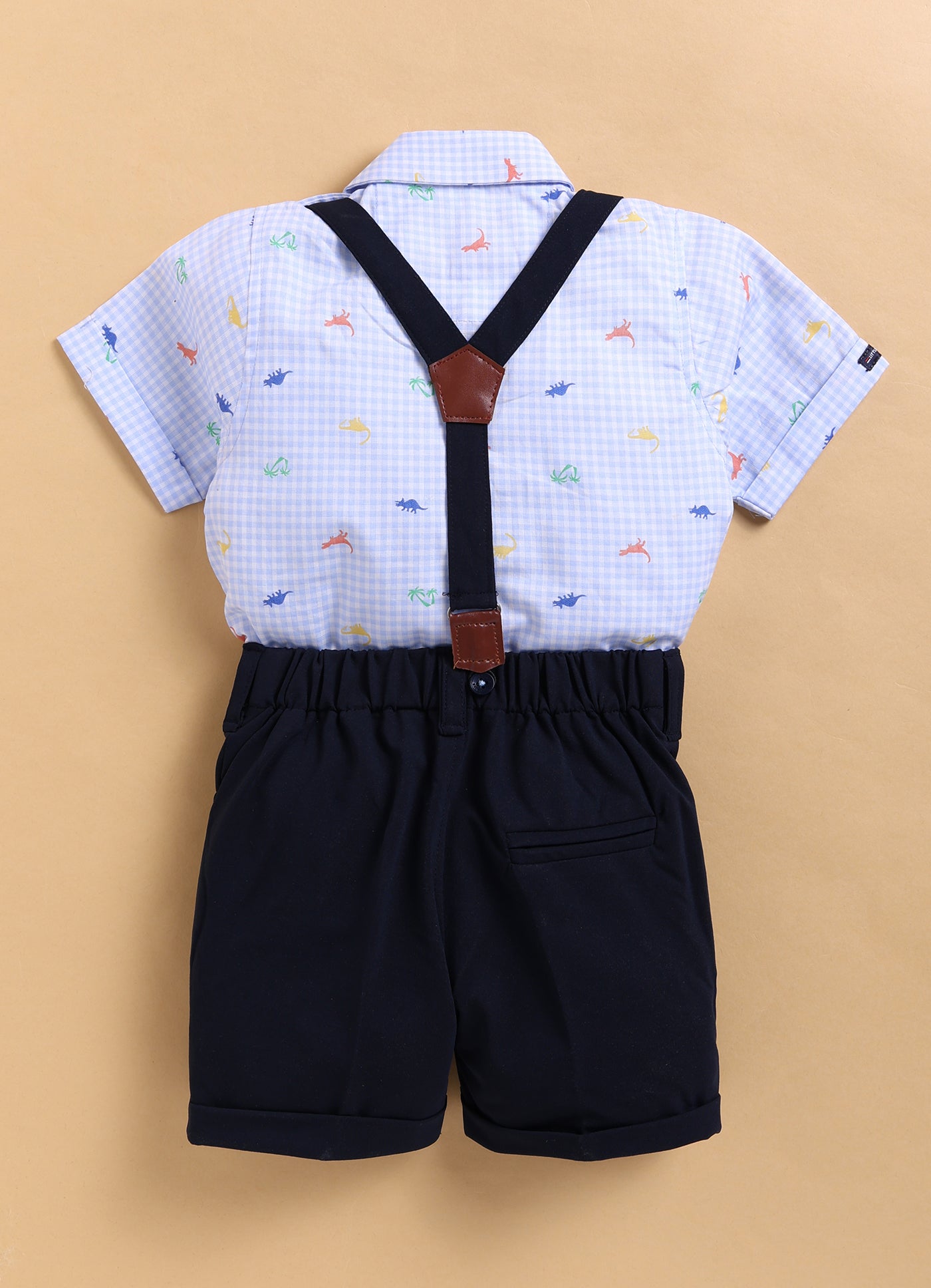 Dinosaur Print Cotton Half Sleeves Shirt Pant Suspender Set with Bow and Cute Fluff Pin -Blue