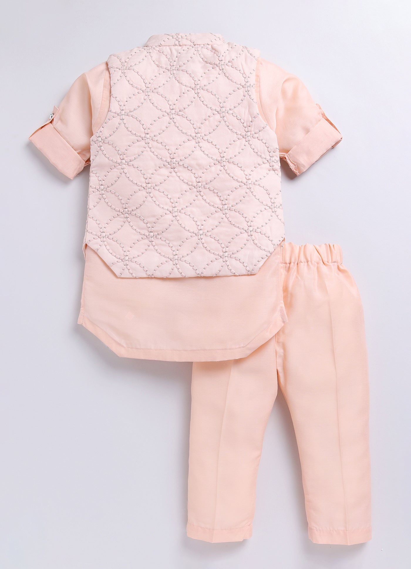 Boys Thread Work Embroidered Peach Kurta Pajama Jacket Set