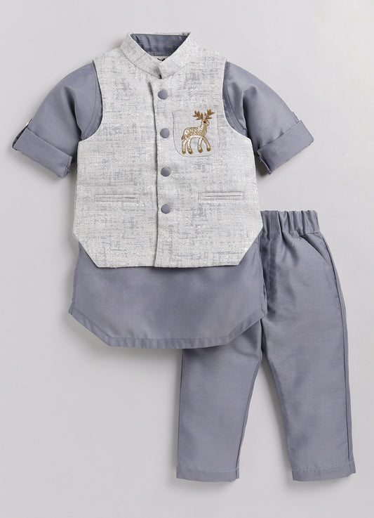 Grey Boys Reindeer Ethnic Jacket Kurta Pajama Set