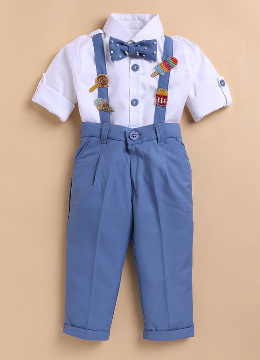 Blended Woven Full Sleeves Solid Candy Toffee Ice-cream Theme Hand Embroidered Motifs in Suspender with Shirt and Pant Bow Formal Shirt Pant Suspender Set- Blue