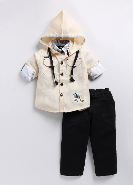 Hooded Shacket, Printed Shirt and Denim Pants Set for Boys
