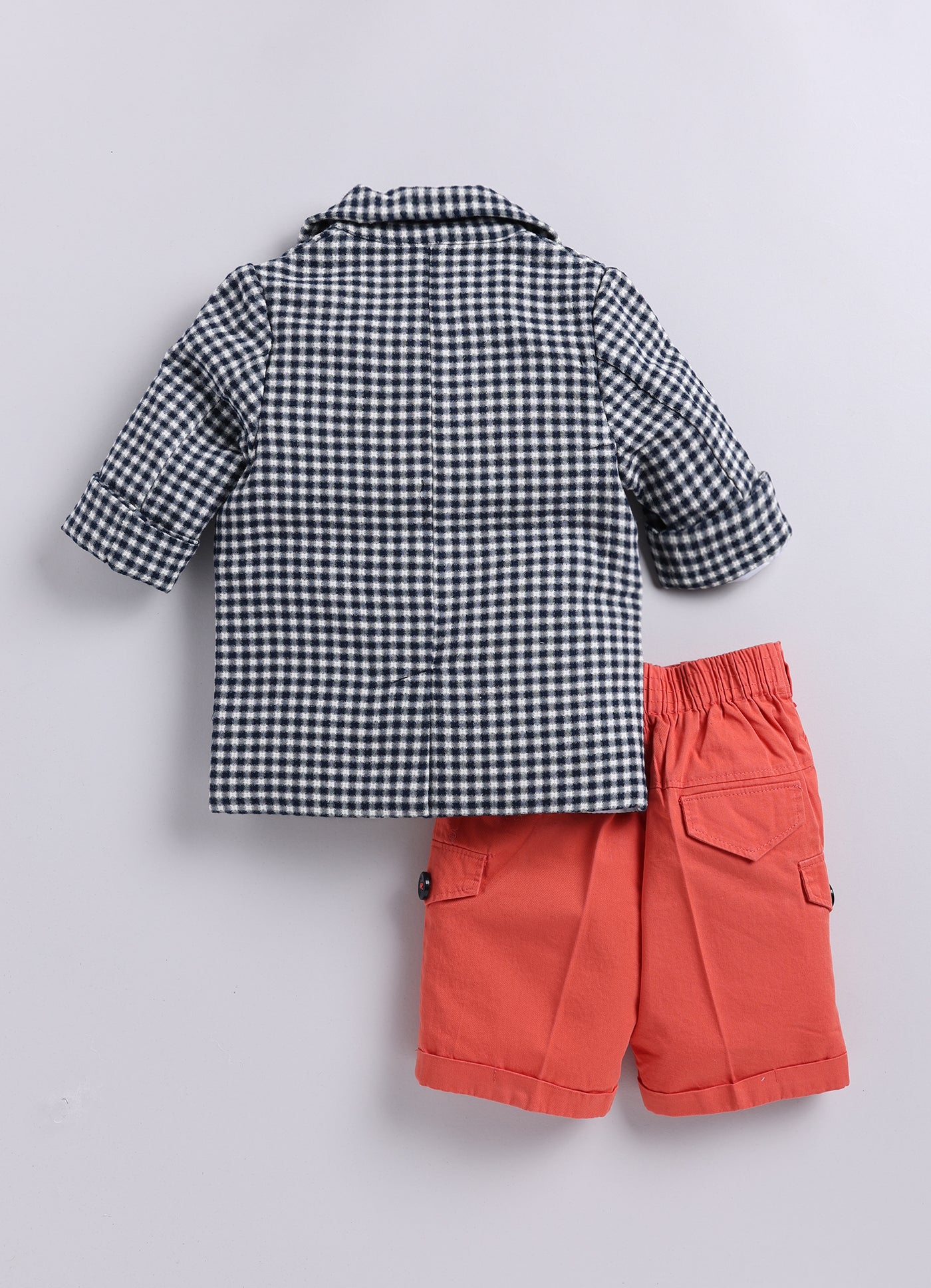 Cotton Half Sleeves Checked Coat With Solid Shorts Shirt & Muffler - Carrot