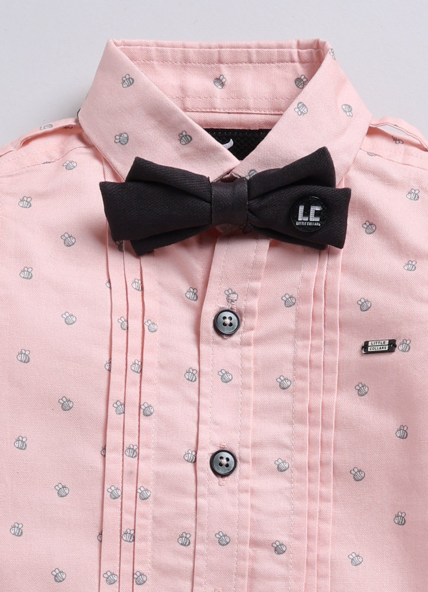 Cotton Printed Shirt Pant Suspender Bow Set - Peach