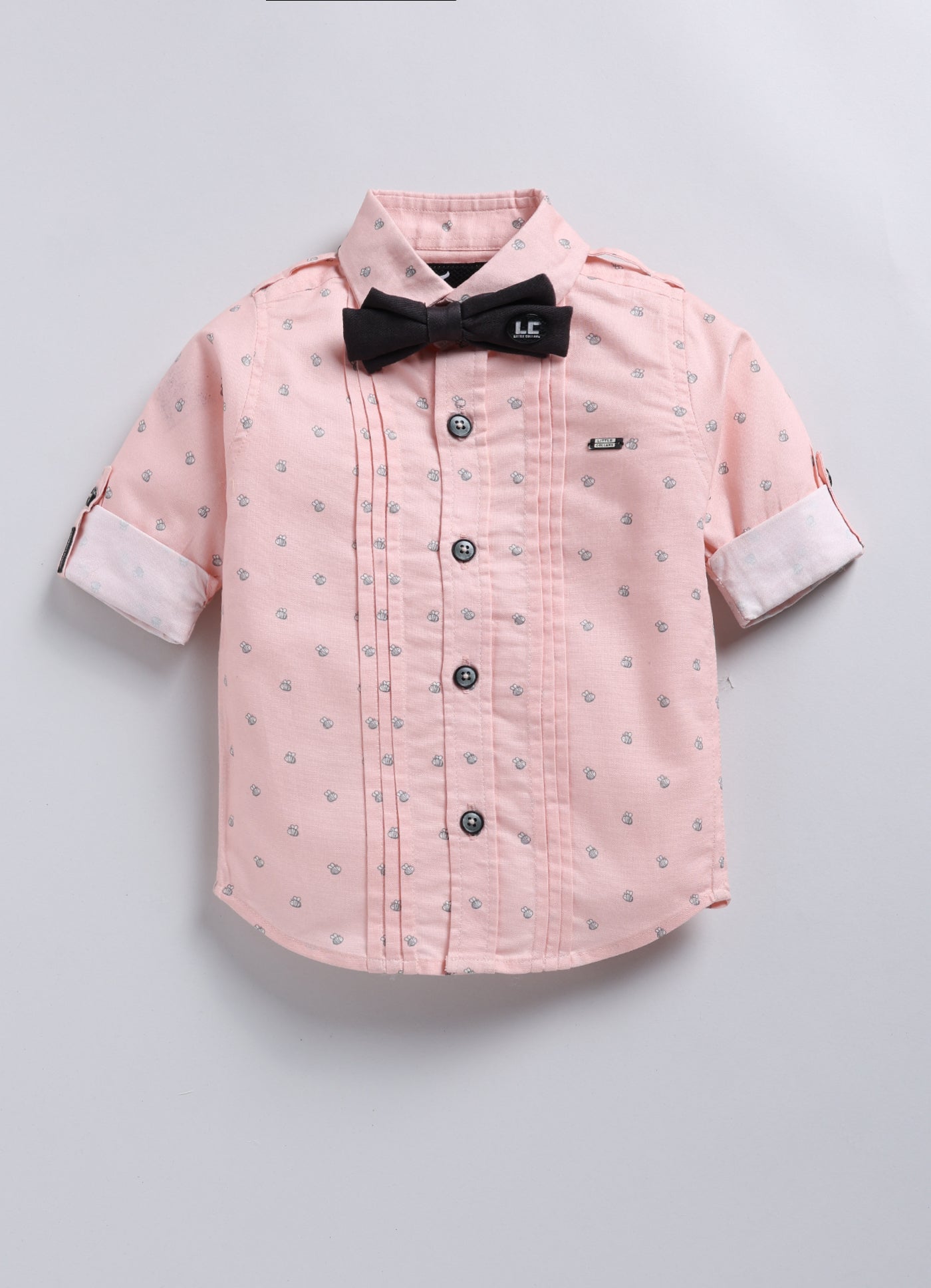 Cotton Printed Shirt Pant Suspender Bow Set - Peach
