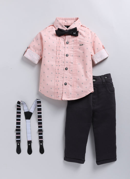 Cotton Printed Shirt Pant Suspender Bow Set - Peach