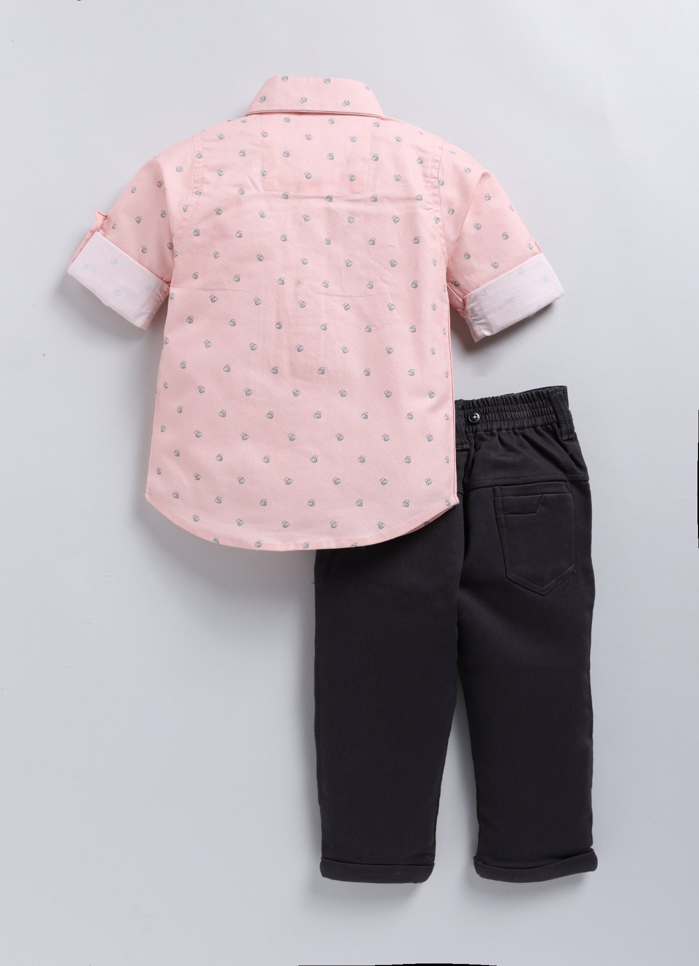 Cotton Printed Shirt Pant Suspender Bow Set - Peach