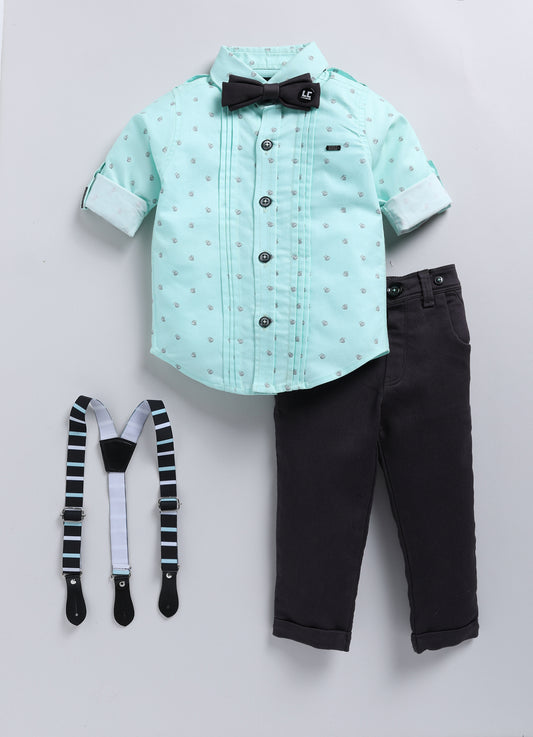 Cotton Printed Shirt Pant Suspender Bow Set - Green