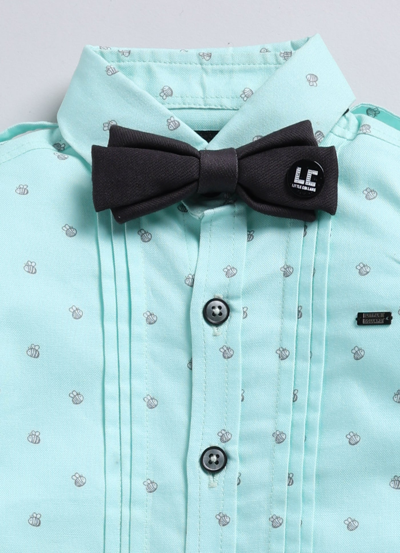 Cotton Printed Shirt Pant Suspender Bow Set - Green