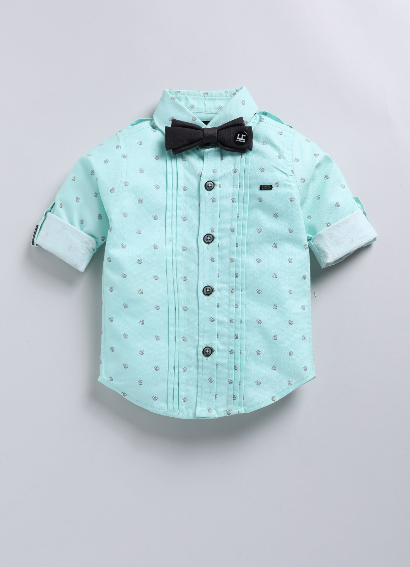 Cotton Printed Shirt Pant Suspender Bow Set - Green