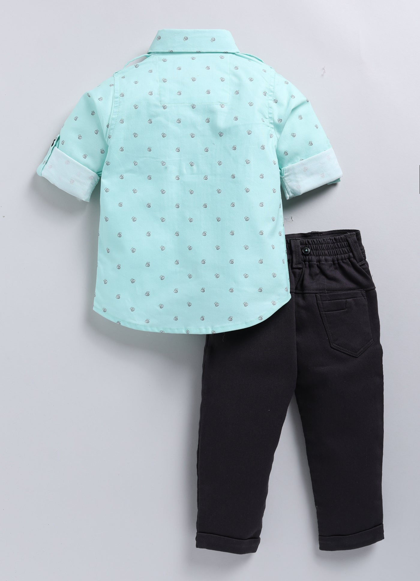 Cotton Printed Shirt Pant Suspender Bow Set - Green
