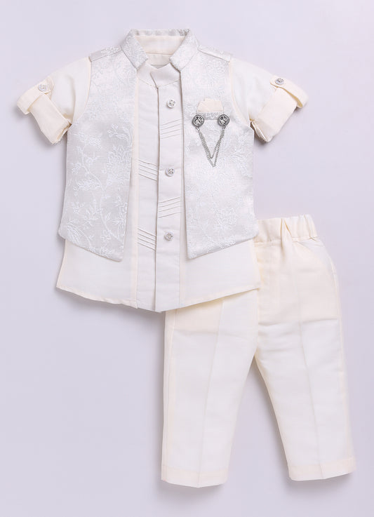 Cream Boys Festive Jaquard Soft Ethnic Jacket Full Sleeves Kurta Pajama Set