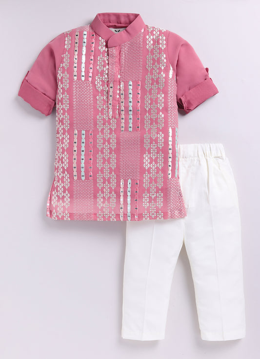 Blended Chiffon Georgette Mirror Work Embellished and Embroidered Full Sleeves Woven Pack of 2 Kurta Pajama Ethnic Set- Pink